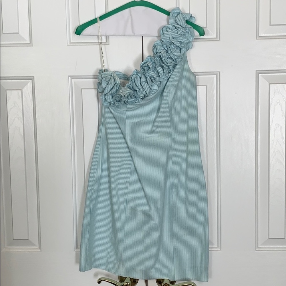 Vivienne One Shoulder Seersucker Blue Ruffle Dress